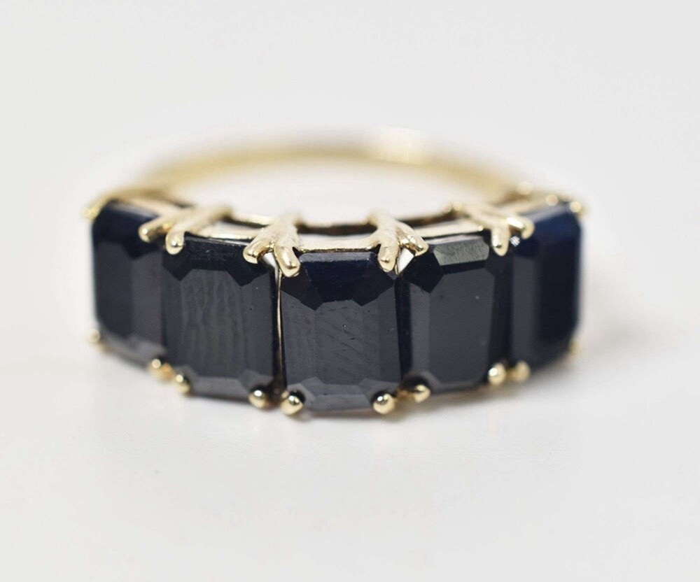 10k Yellow Gold, 5 Emerald Cut Blue Sapphire Gemstone Ring, Ring Size 8